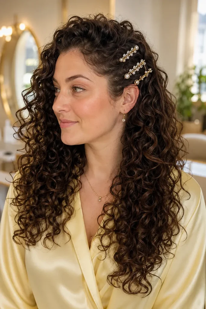 a pinned-back curly hairstyle, featuring delicate gold hair pins securing the side sections while long, naturally defined curls cascade down her back. She wears an elegant ivory wrap blouse and natural makeup