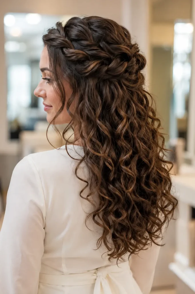 woman wearing a Curly Halo Twist hairstyle with softly twisted crown sections and long defined curls, photographed in bright natural light against a warm cream salon background.