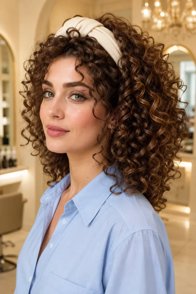 woman wearing a light blue shirt with a curly headband hairstyle featuring naturally defined voluminous curls and an elegant cream padded headband