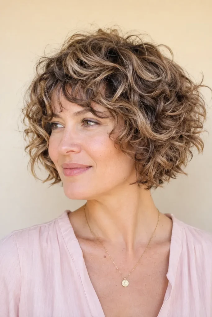 woman with a curly pixie bob haircut, featuring short layered curls, natural volume, glossy texture, soft movement, minimal makeup, and a pastel outfit against a cream background.