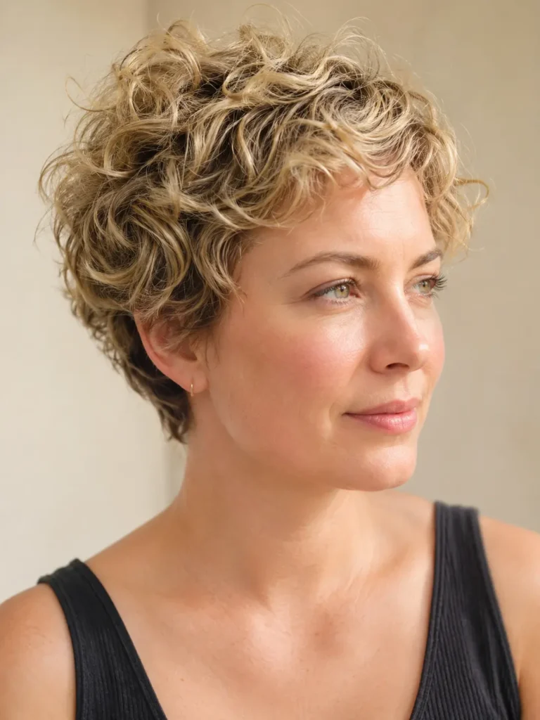 Close-up portrait of a real English woman with a curly pixie haircut, soft blonde highlights, textured short curls, natural volume, and a black summer top.