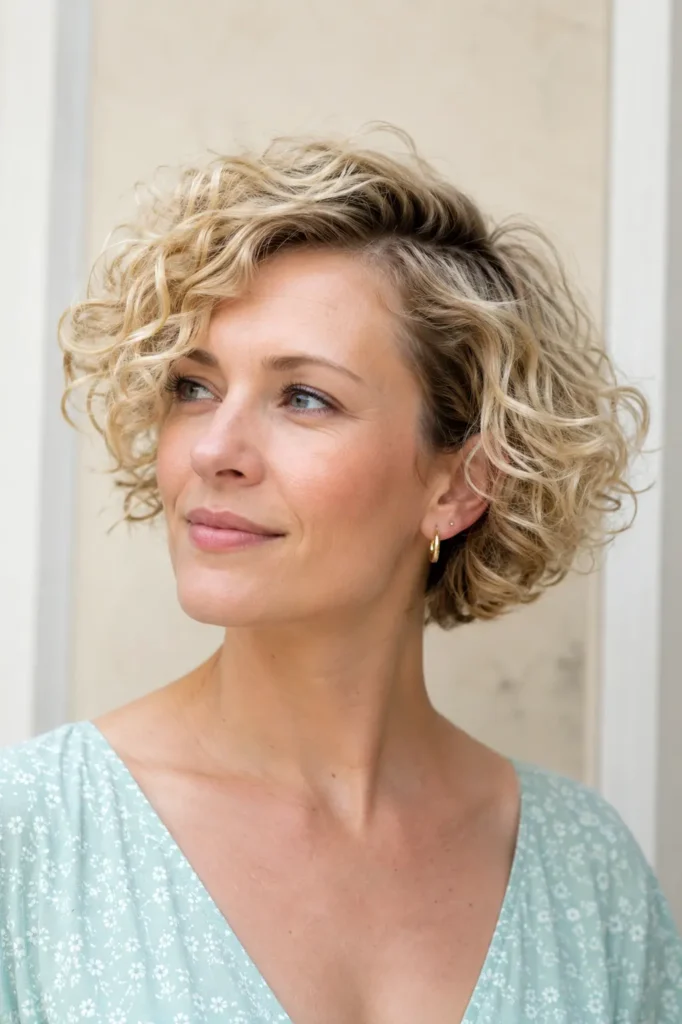 woman with a light blonde curly pixie haircut, deep side part, soft textured curls, natural volume, and glossy short hairstyle in bright daylight.
