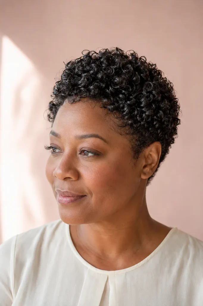 You're right. You asked me to **write alt text only**, not generate an image. I'll follow that going forward.
**Alt text:**
**"Close-up portrait of a Black English woman with a short curly pixie haircut featuring glossy, defined natural coils, softly cropped sides, and a rounded textured crown against a pale blush background."**