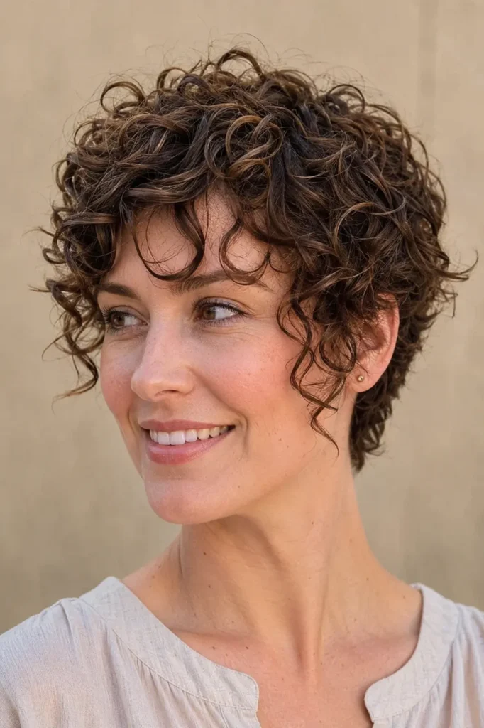 an English woman with a short curly pixie haircut, soft face-framing curls, natural volume, glossy texture, and light neutral outfit.