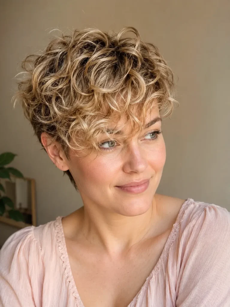 an English woman with a light blonde curly pixie haircut and long bangs, featuring soft curly fringe, short textured layers, defined curls, natural volume, and glossy healthy hair in bright natural light.