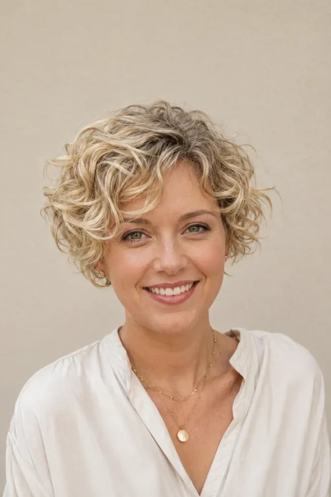Curly pixie haircut with loose blonde waves, soft short layers, natural volume, and glossy texture on a real English woman in bright daylight.