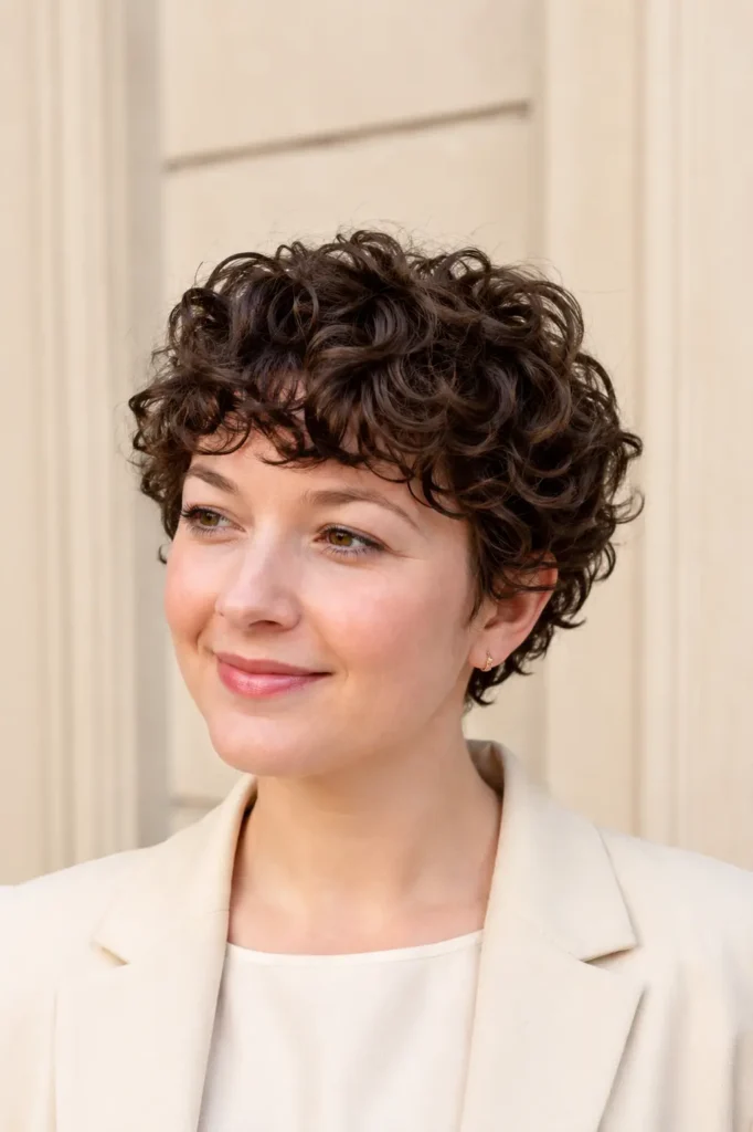 English woman with a rounded curly pixie haircut featuring soft defined curls, short layered shape, natural texture, and healthy glossy volume.