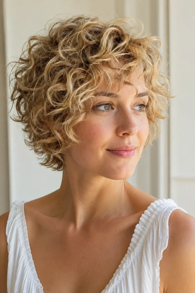 Curly shaggy pixie haircut with light blonde layers, soft face-framing curls, natural volume, and textured shine on a real English woman in a white summer top.