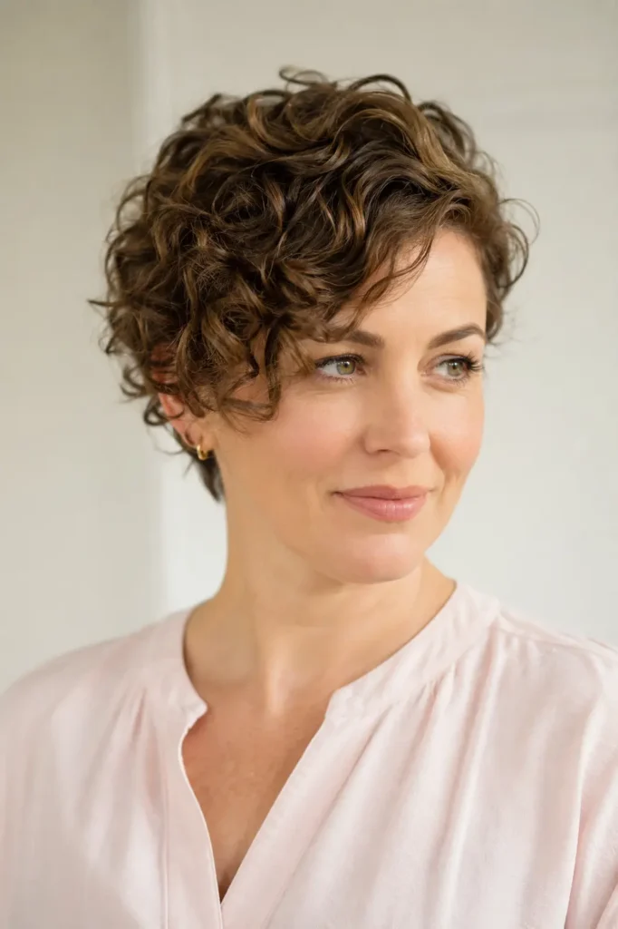 woman with curly pixie haircut and side swept bangs, featuring soft textured curls, natural volume, glossy short layers, realistic skin texture