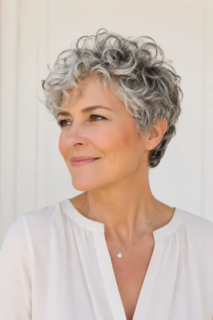 Silver gray curly pixie haircut on a real English woman with short textured layers, natural volume, glossy curls, and an elegant soft hairstyle look.