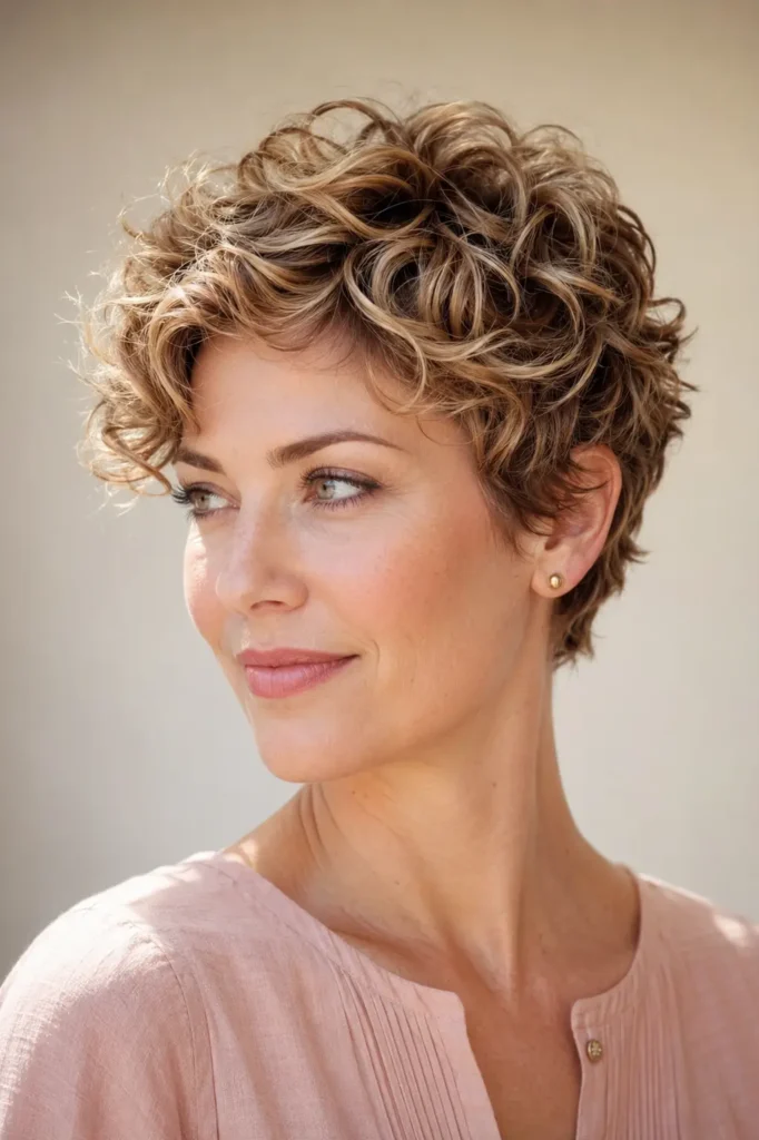 woman with a soft curly pixie haircut, feminine short layers, natural volume, glossy curls, and a pastel outfit in bright daylight.
