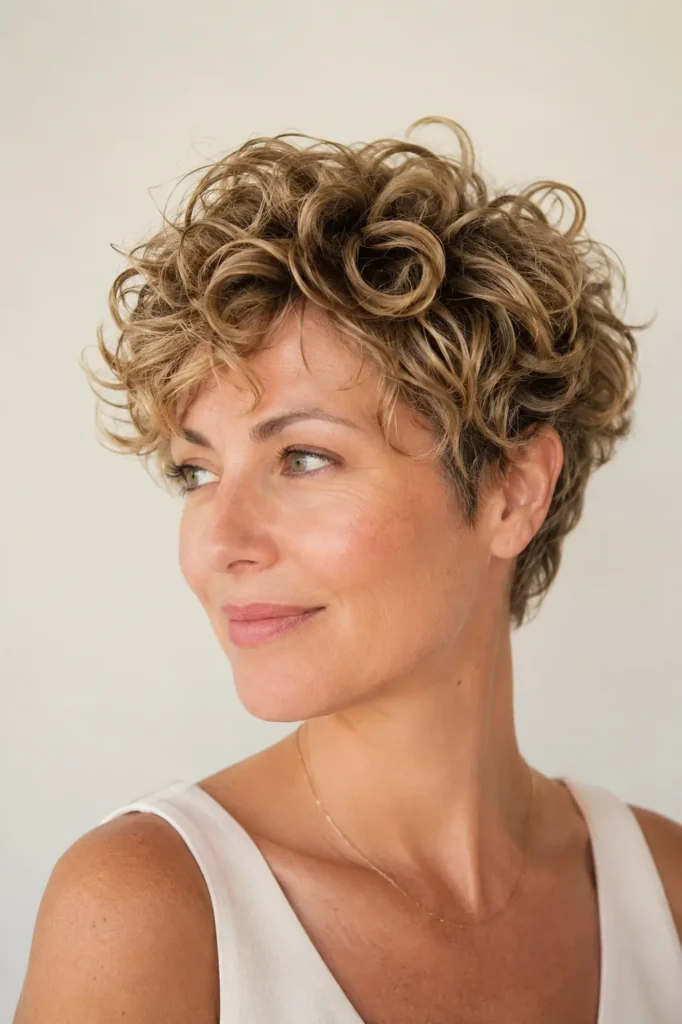 Curly pixie haircut with textured crown, light hair color, lifted volume, defined glossy curls, and short layers on a real woman in soft natural lighting.