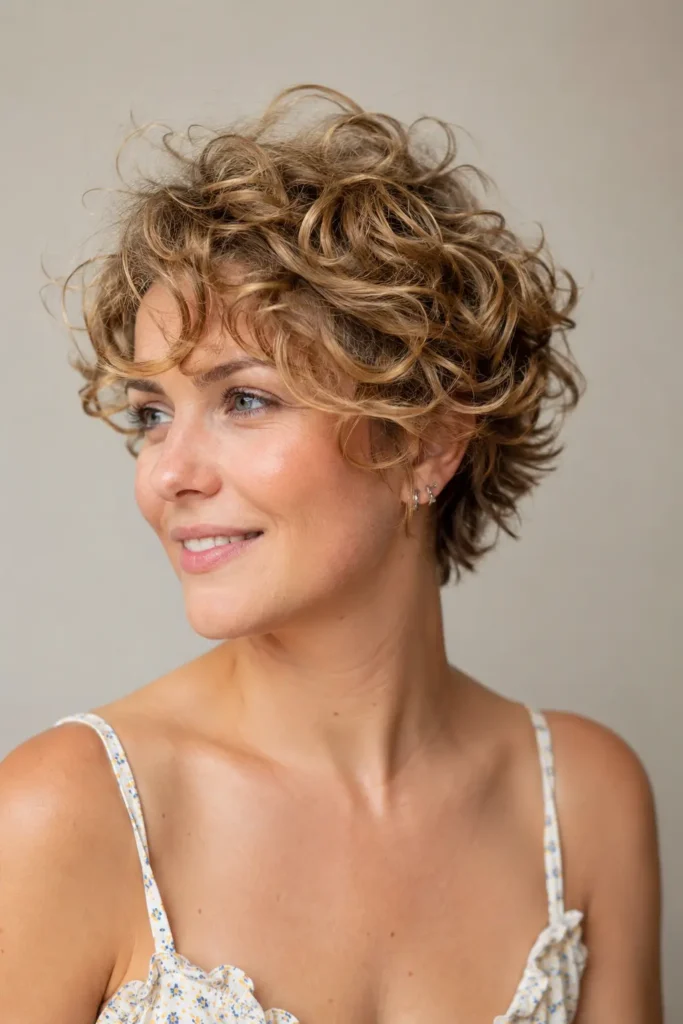Light blonde tousled curly pixie haircut with messy soft curls, textured layers, natural volume, and glossy shine on a real English woman.