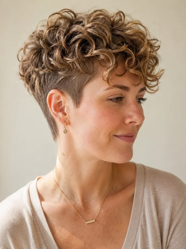 Curly pixie haircut with soft undercut, honey-colored curls, textured volume, short clean sides, and glossy modern hairstyle on a real woman.