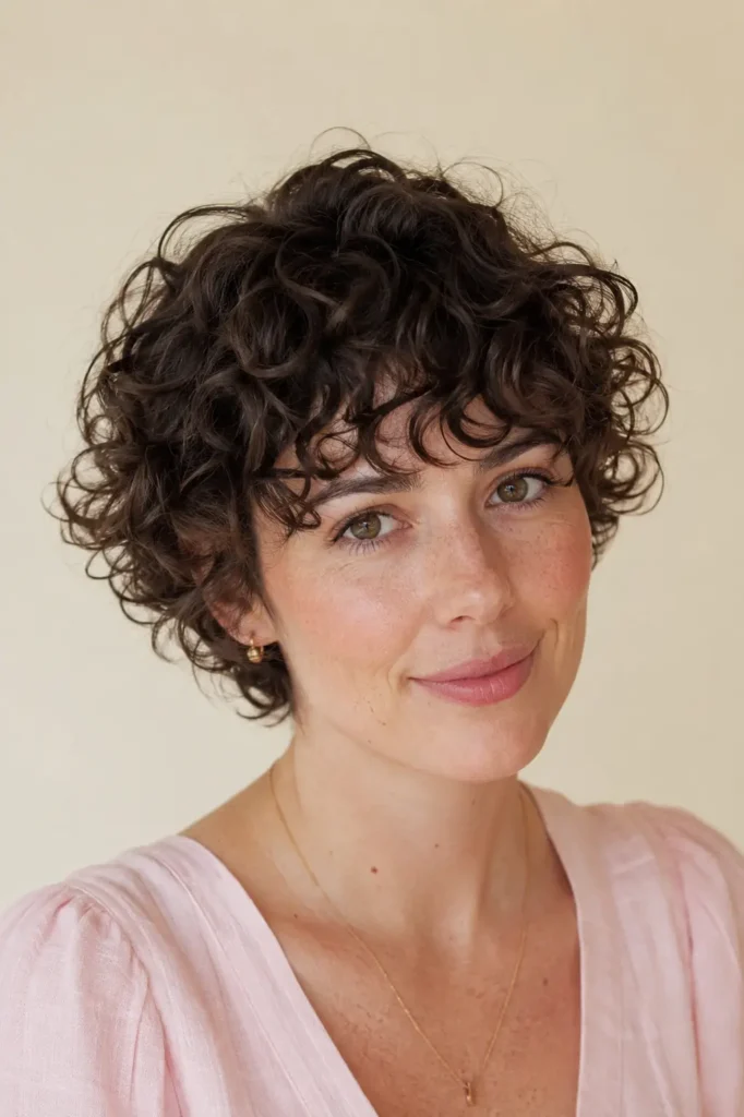 woman with a curly pixie haircut, wispy bangs, short textured layers, glossy dark curls, and natural volume in soft daylight.