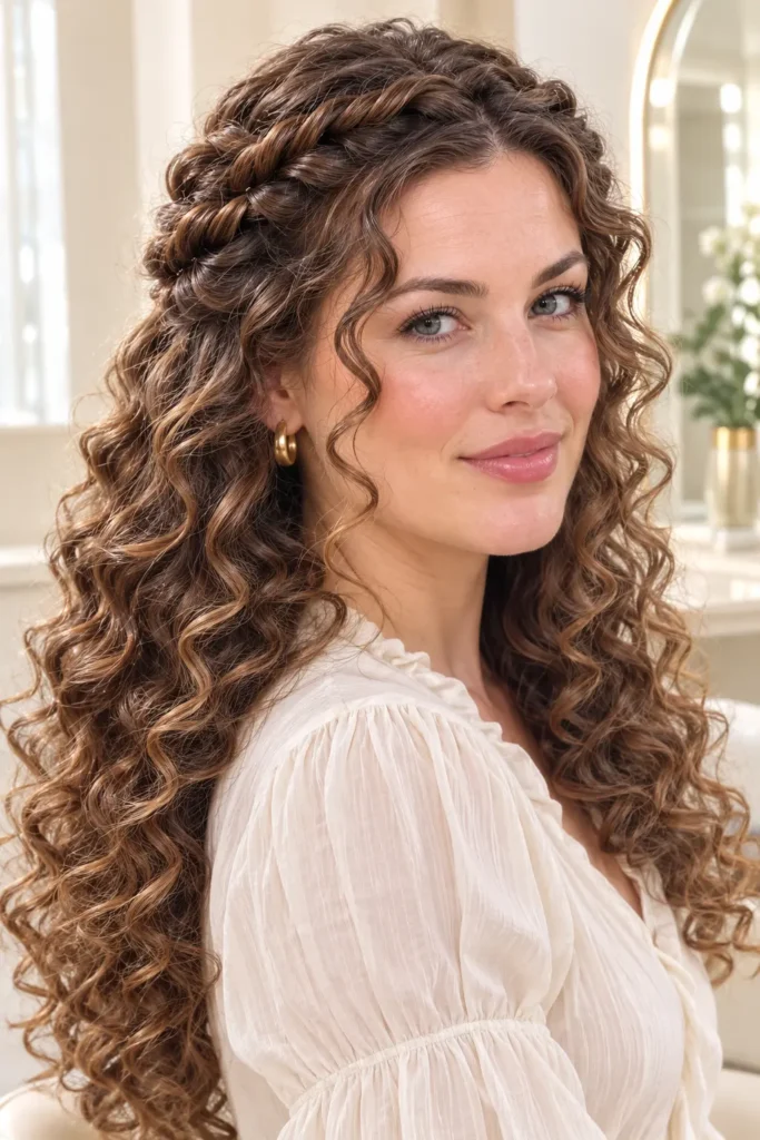 woman wearing a stylish cream blouse with a Curly Rope-Twist Crown hairstyle featuring elegant rope twists around the crown and long,
