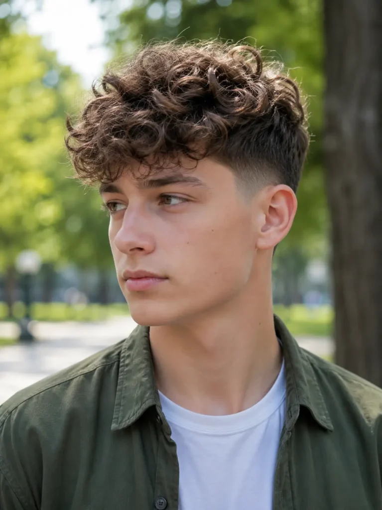 a white teenage boy with a curly taper fade featuring defined soft brown curls and clean tapered sides, wearing an olive-green overshirt over a white T-shirt in a bright, softly blurred park setting.