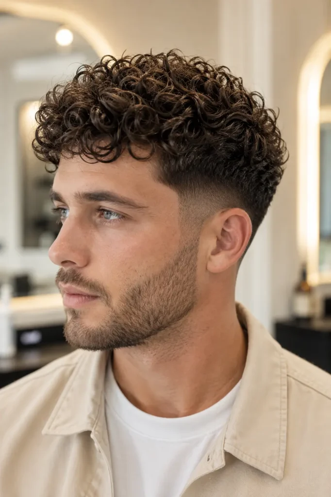 man with a curly taper fade featuring defined natural curls on top and faded sides, wearing a light cream overshirt with a short beard, photographed in bright natural daylight against an elegant ivory barber studio background.