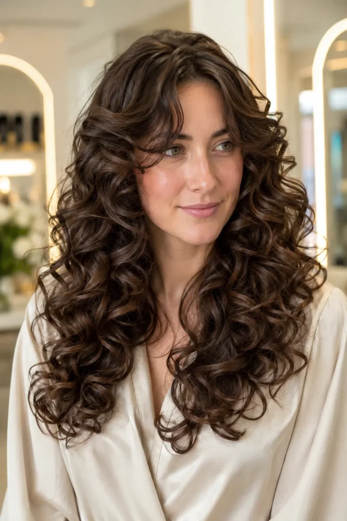 woman with glossy Curly Veil Waves cascading softly around her face and shoulders, wearing an elegant ivory satin blouse in a bright cream luxury salon with natural daylight.