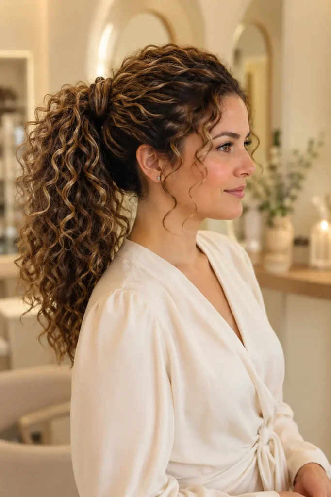 woman wearing a sophisticated ivory blouse, showcasing a curly wrapped ponytail with voluminous, well-defined curls and a neatly wrapped hair section concealing the ponytail base.