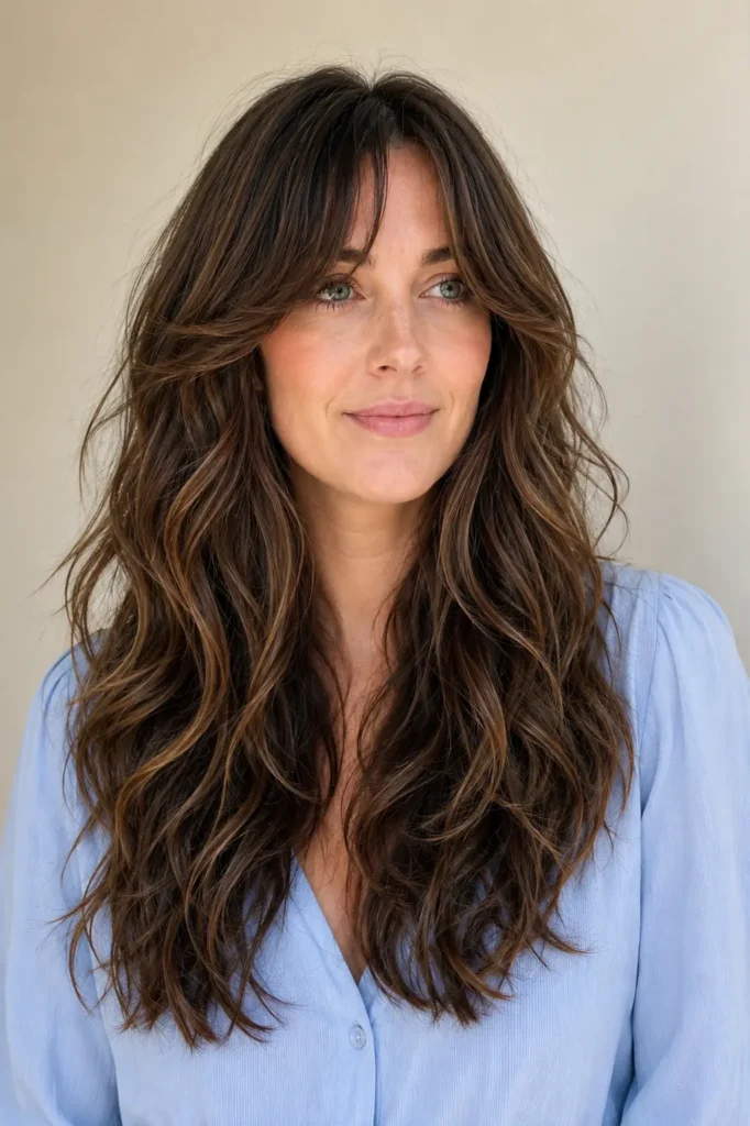 woman with thick naturally wavy hair, soft curtain bangs, and long blended layers, photographed in bright natural daylight against a cream background, wearing a modest powder-blue blouse.