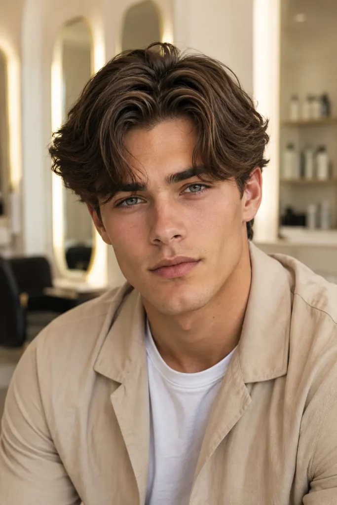 a modern curtains hairstyle featuring a center part and soft layered texture, wearing a beige overshirt over a white T-shirt in bright daylight against an elegant ivory barber studio background.