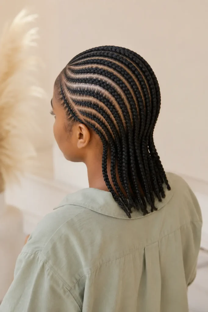 Black British woman with elegant curved cornrows sweeping from the side of the forehead into medium-length braided ends, photographed from an elevated side-back angle in bright natural light while wearing a casual sage-green shirt against a warm cream background.