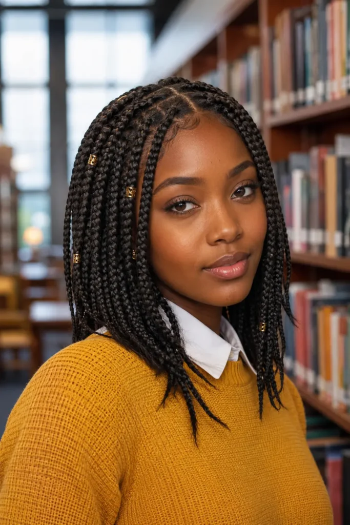 a Black woman with medium-length knotless box braids, neat center-parted sections, and subtle gold hair cuffs, wearing a mustard-yellow knit sweater over a white collared shirt in a softly lit modern library,