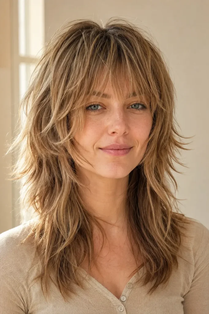 a woman with a dark blonde textured wolf cut, piecey bangs, choppy feathered layers, and natural volume