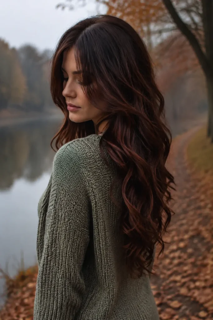 White woman with long dark brown hair in soft natural curls and subtle auburn, mahogany, and red-brown highlights, wearing a sage-green knitted cardigan