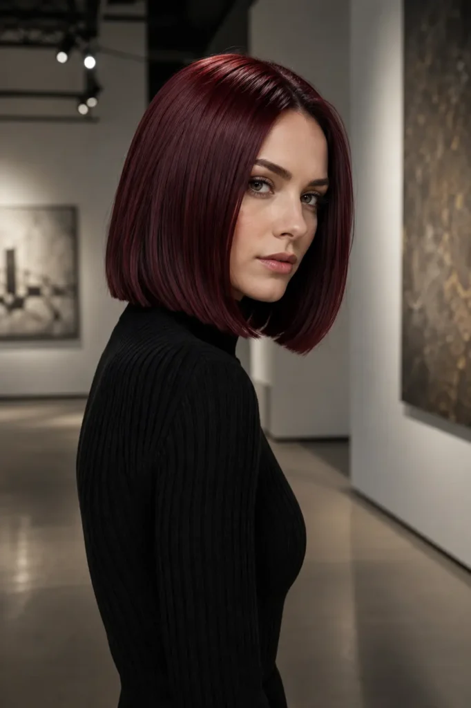 Dark cherry red blunt bob with glass-like shine on a woman in a black high-neck dress inside a contemporary art gallery.