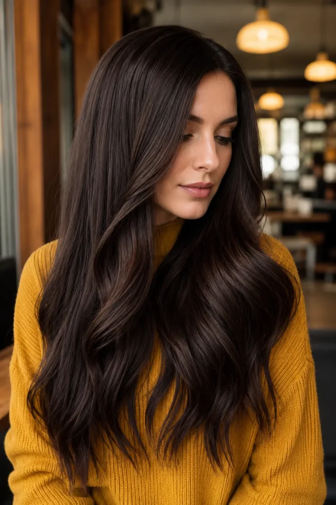 a white woman with very long dark chocolate brown hair featuring rich deep brunette tones with subtle mocha dimension, sleek smooth lengths flowing into polished waves. She wears a mustard-yellow high-neck knit sweater