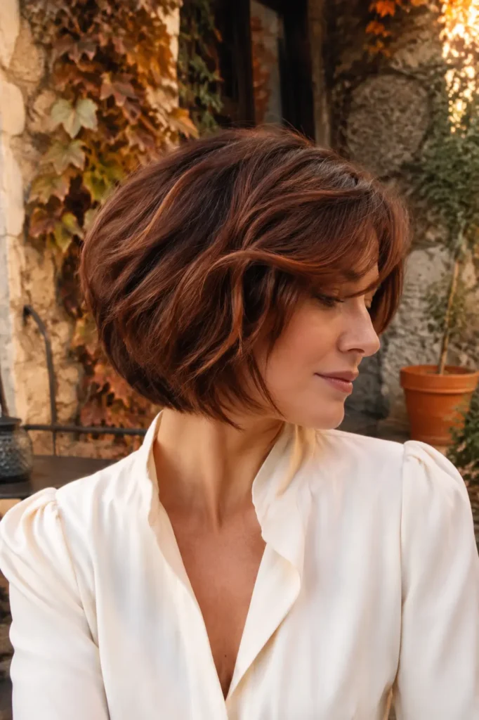 White woman with a textured French bob and soft side-swept bangs, featuring dark copper brown hair with brunette, cinnamon, and subtle auburn tones, photographed in a sunlit European stone courtyard with autumn ivy.