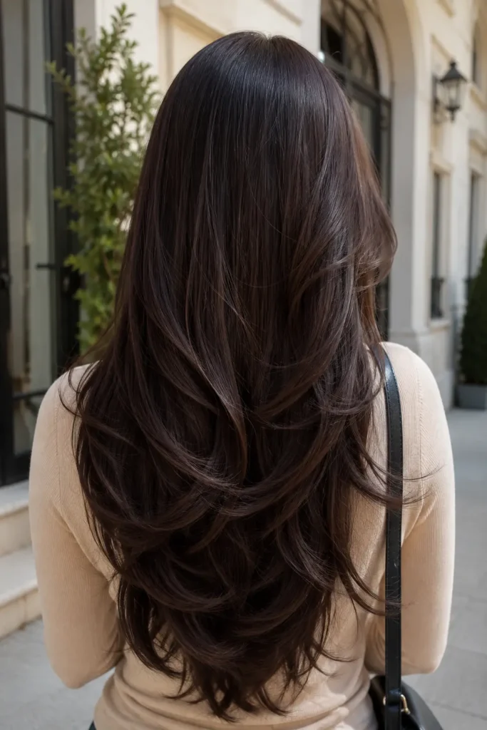 Back view of a woman with dark espresso brown long layered hair, featuring soft waves, glossy brunette tones, natural volume