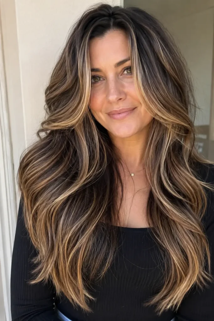 English woman with dark brunette hair and soft blonde luxury highlights, featuring long layered waves, dimensional blonde ribbons, glossy texture