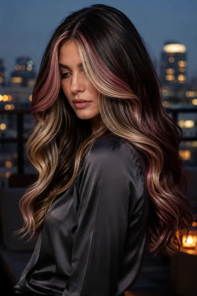a white woman with long dark wavy hair featuring a deep espresso chocolate brown base, rich vanilla blonde streaks, and dark strawberry rose highlights.