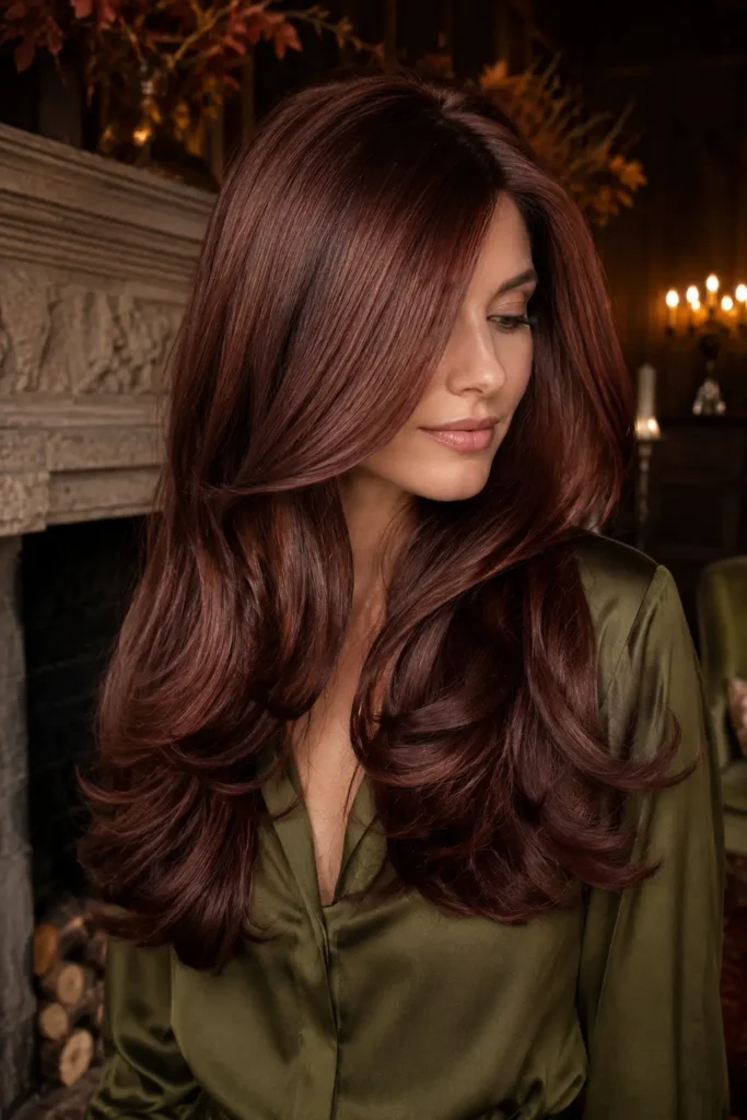 Deep auburn-haired woman with sleek, glossy long layers and softly curled ends, wearing an olive-green silk blouse beside a stone fireplace in a luxurious autumn-inspired interior with warm candlelight.