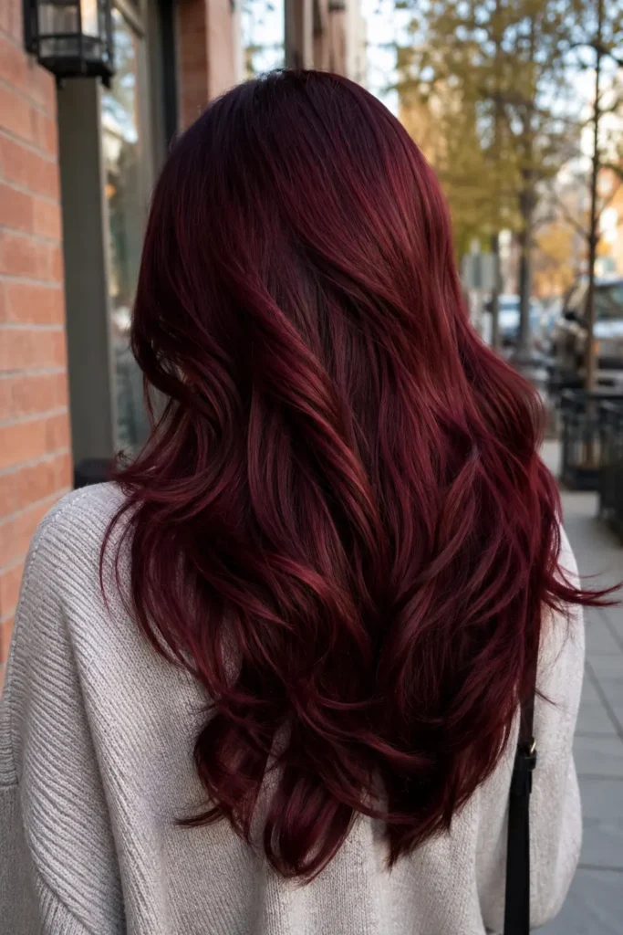 Back view of a woman with deep burgundy red hair tint, featuring long soft layered waves, rich wine-red tones, glossy shine