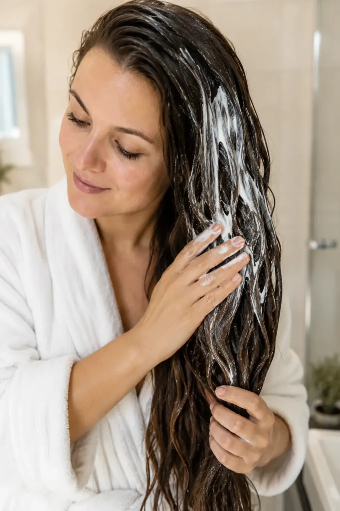 a woman applying a deep conditioning hair mask to long brunette hair in a bright bathroom, focusing on repairing dry, damaged hair.