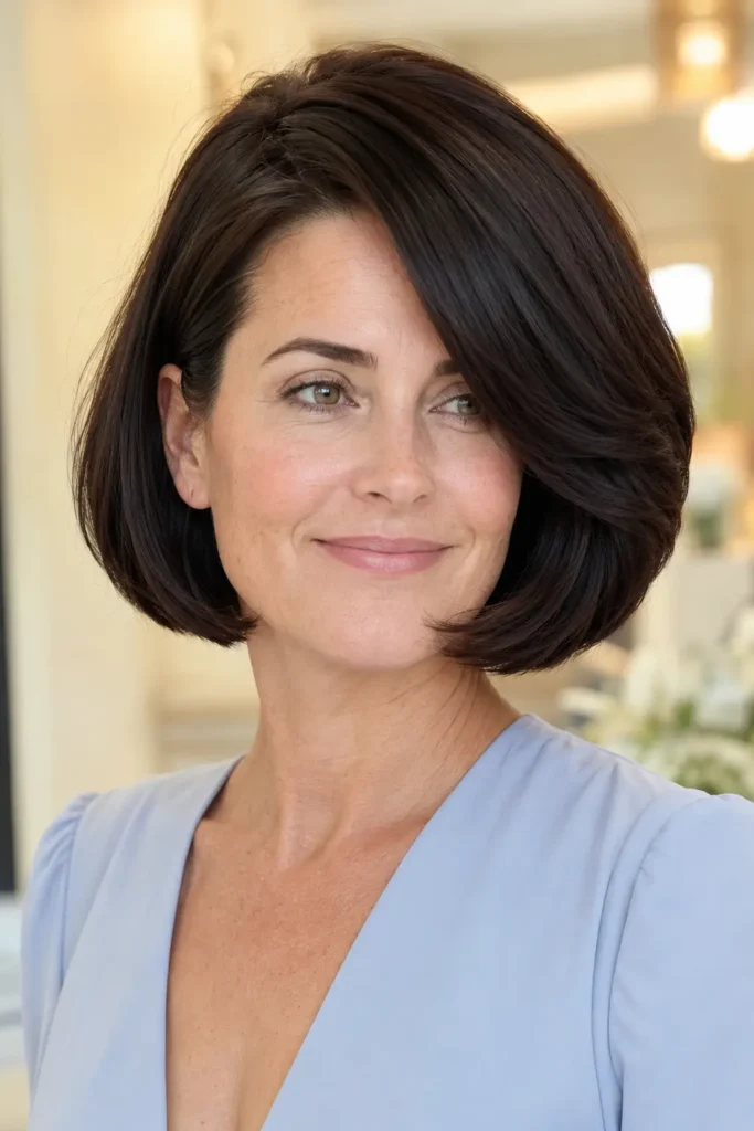 woman with a deep side-part Italian bob haircut in glossy espresso-brown hair, featuring smooth rounded volume, natural makeup, and a powder-blue dress in a bright cream salon setting.