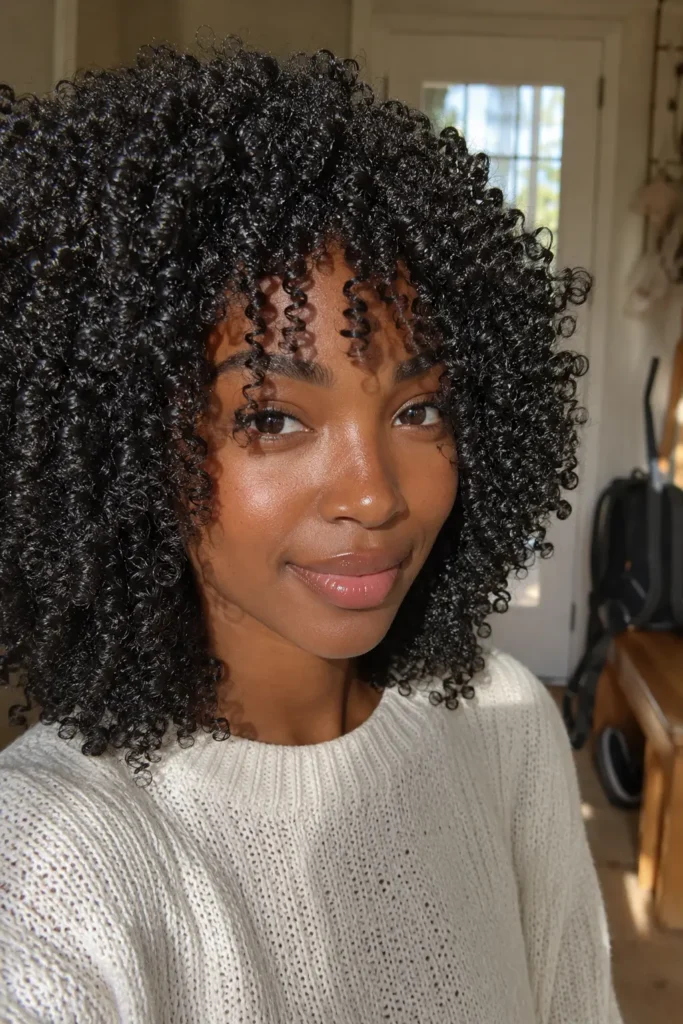 a real Black woman with voluminous, highly defined natural wash-and-go curls and springy coils, wearing a cream knit sweater in a sunlit home entryway with a softly blurred wooden bench and backpack in the background.
