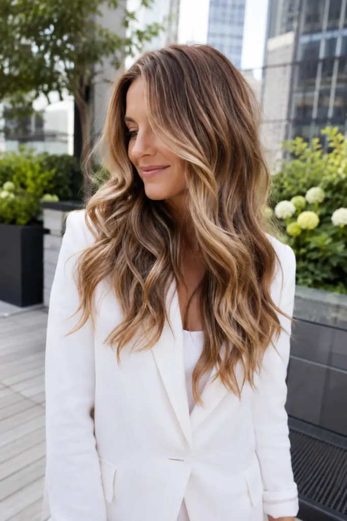 white woman with exceptionally long dimensional bronde hair in loose layered waves, wearing a bright white linen blazer on a rooftop garden with blurred city buildings in natural afternoon light.