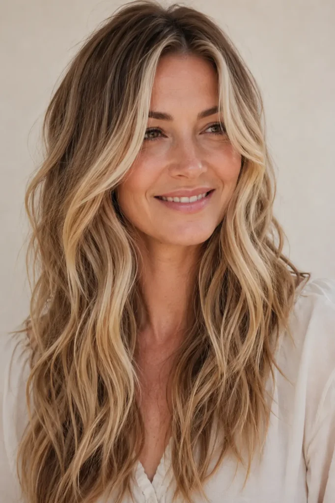 A woman with long dirty blonde balayage and bright face-framing highlights, styled in soft beach waves with seamless blonde blending, silky shine, and healthy texture, photographed in natural daylight against a soft beige background while wearing a cream blouse.