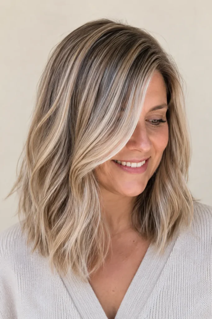 woman with shoulder-length dirty blonde hair and cool ash blonde highlights, featuring soft layered waves, silky shine, and dimensional color against a cream background in bright natural daylight.