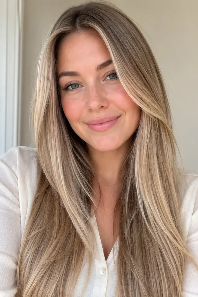 woman with long, straight dirty blonde hair featuring delicate babylights, silky shine, and soft natural movement, wearing an ivory blouse against a cream background in bright daylight.