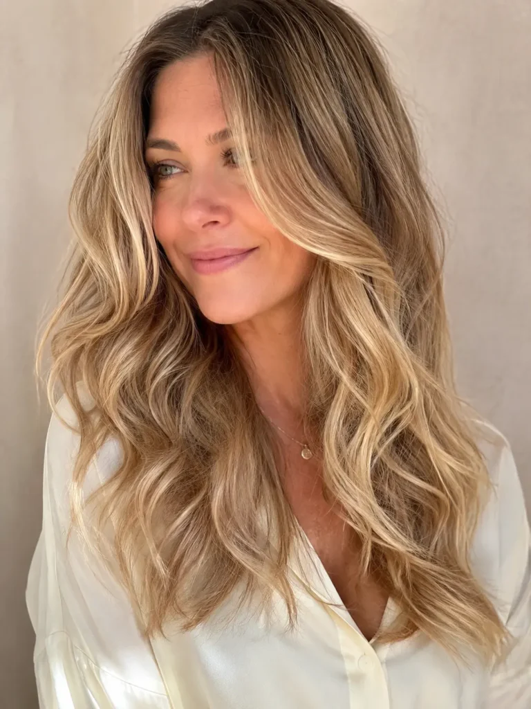 an English woman with long layered dirty blonde hair featuring seamless blonde balayage highlights. Her glossy beach waves have soft movement and silky texture, illuminated by bright natural daylight against a soft cream background, with an ivory blouse keeping the focus on her beautifully blended hairstyle.