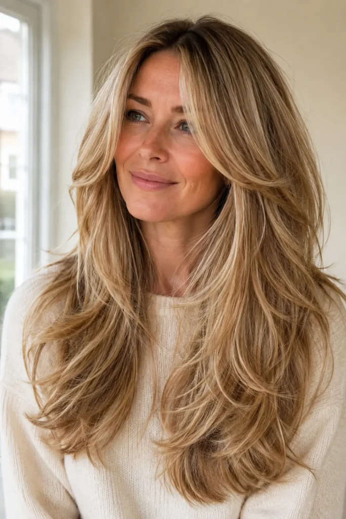 A woman with long butterfly layers in dirty blonde hair enhanced by luminous champagne blonde highlights, featuring soft flowing waves, glossy dimensional shine, and healthy silky texture. She wears an ivory sweater against a soft cream background in bright natural daylight, with the hairstyle as the main focus.