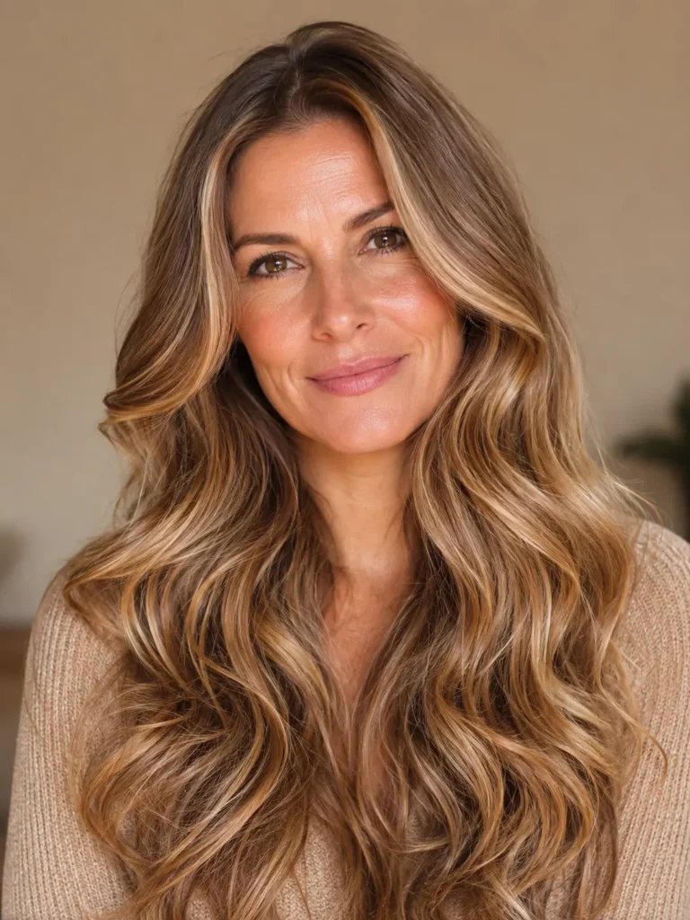 an English woman with long dirty blonde hair featuring warm cinnamon blonde highlights, styled in soft, glossy curls. Her silky, healthy hair catches the natural daylight beautifully against a beige background, making the dimensional blonde ribbons the main focus of the close-up portrait.