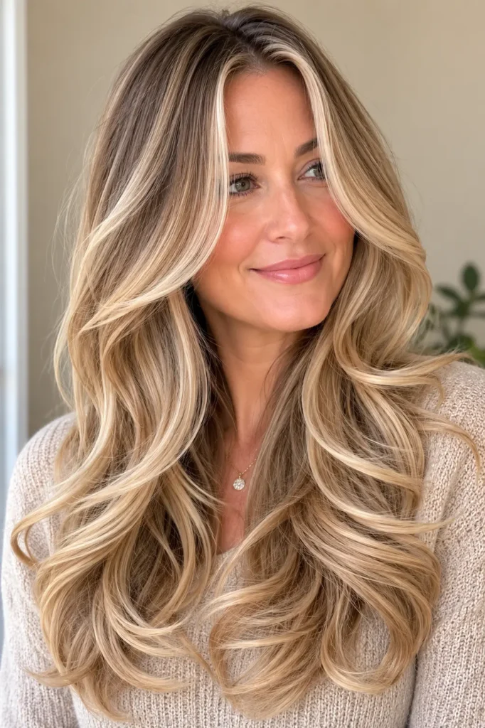 an English woman with long dirty blonde hair enhanced by creamy blonde highlights, styled in soft, glossy waves. Her healthy, dimensional hair is the focal point, paired with natural skin, a cream knit sweater, and a soft cream background illuminated by bright natural daylight.