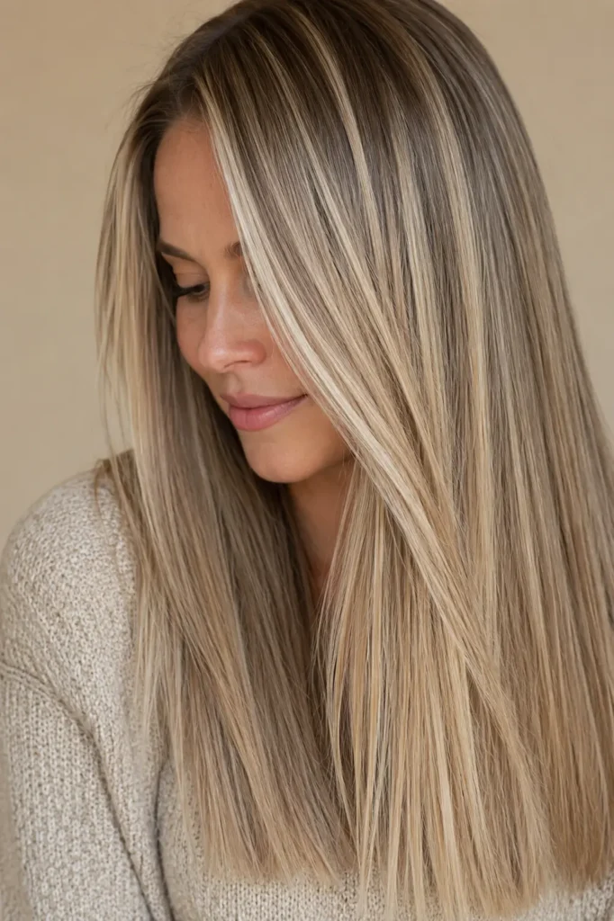 A woman with sleek dirty blonde hair enhanced by bright foil highlights, showcasing silky straight strands, glossy dimensional shine, and healthy blonde ribbons in natural daylight against a soft beige background.